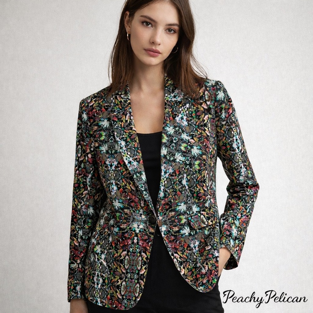 Zara Kaleidoscope Floral Blazer Size M Multicolor Statement Print Jacket